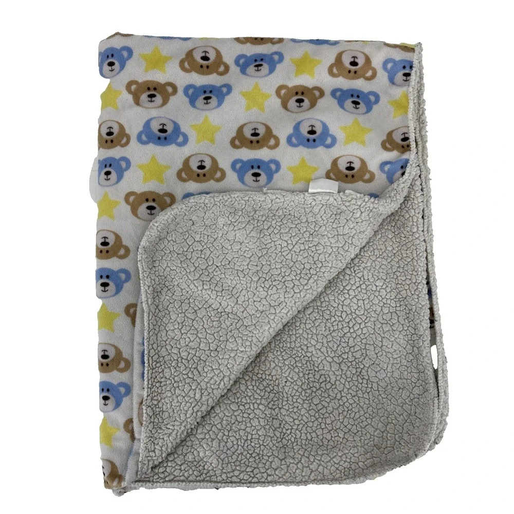 Kidgets Teddy Bear Face & Star Print Baby Blanket Sherpa Lovey White Blue Yellow